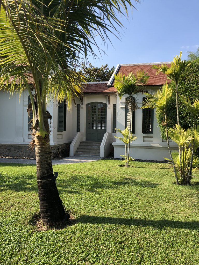 a house with palm trees and a lawn