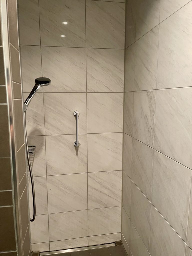 a shower with a hand shower