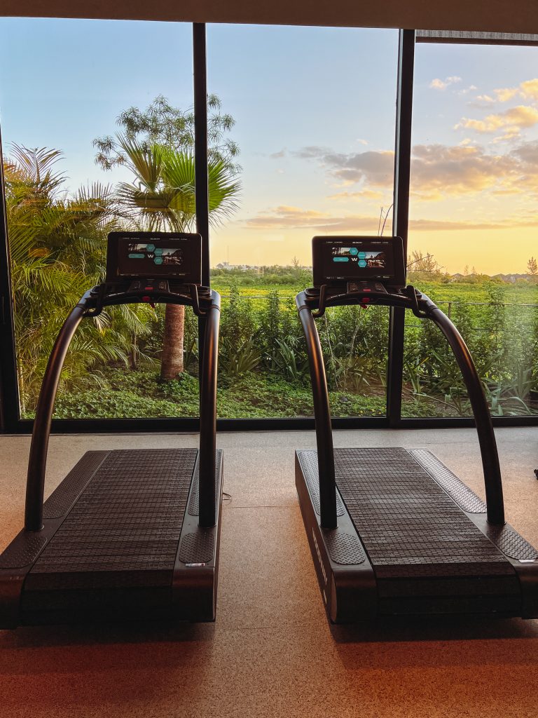 tread treadmills in a room with a view of a field and trees