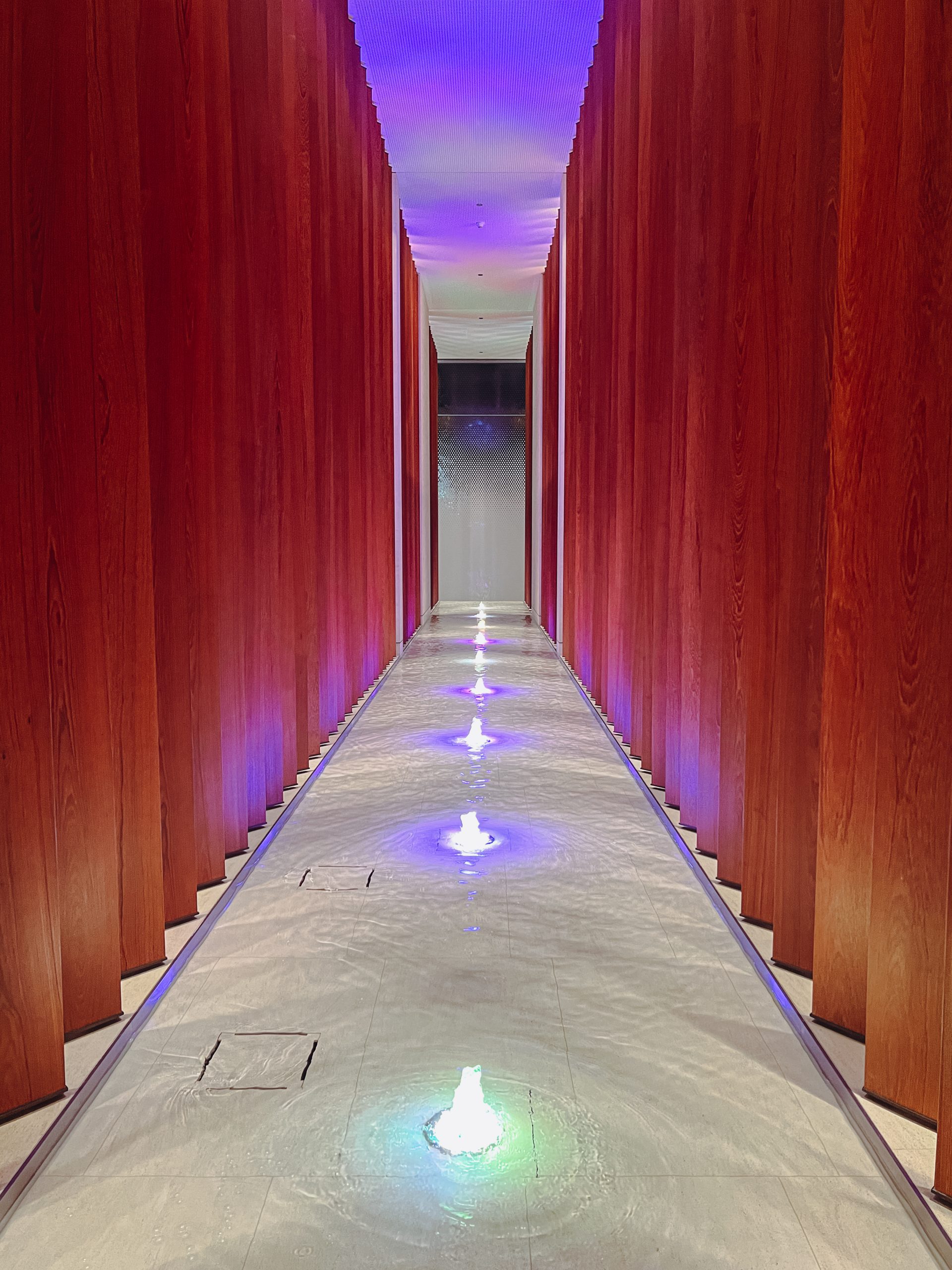 a long hallway with water and lights