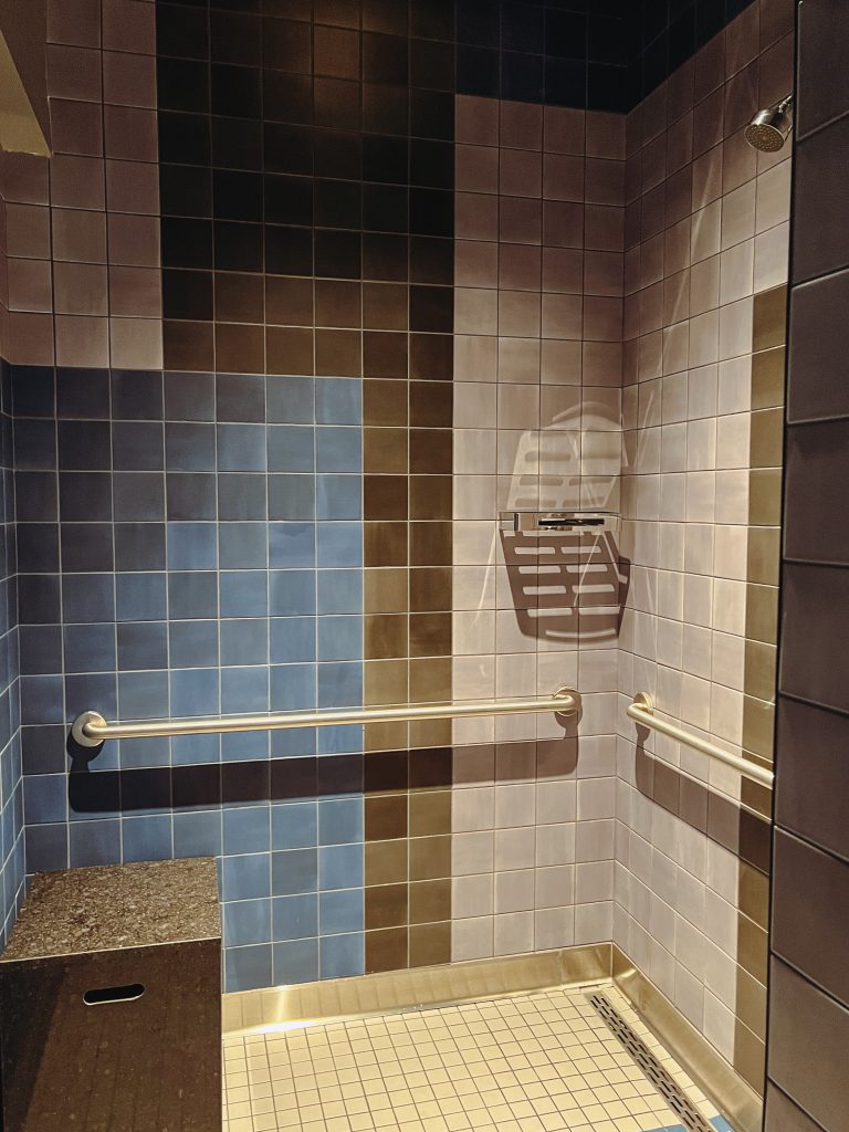 a bathroom with a tiled wall and a metal bar