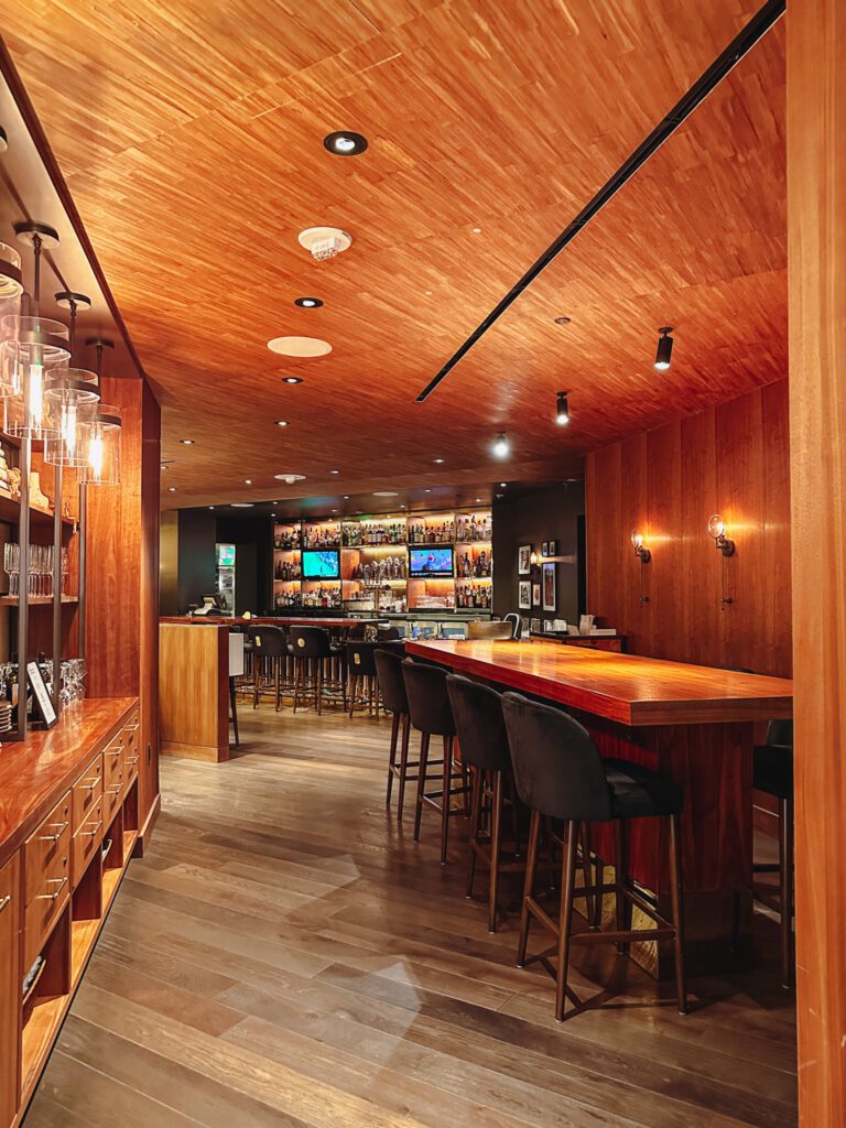 a bar with a wooden counter and stools