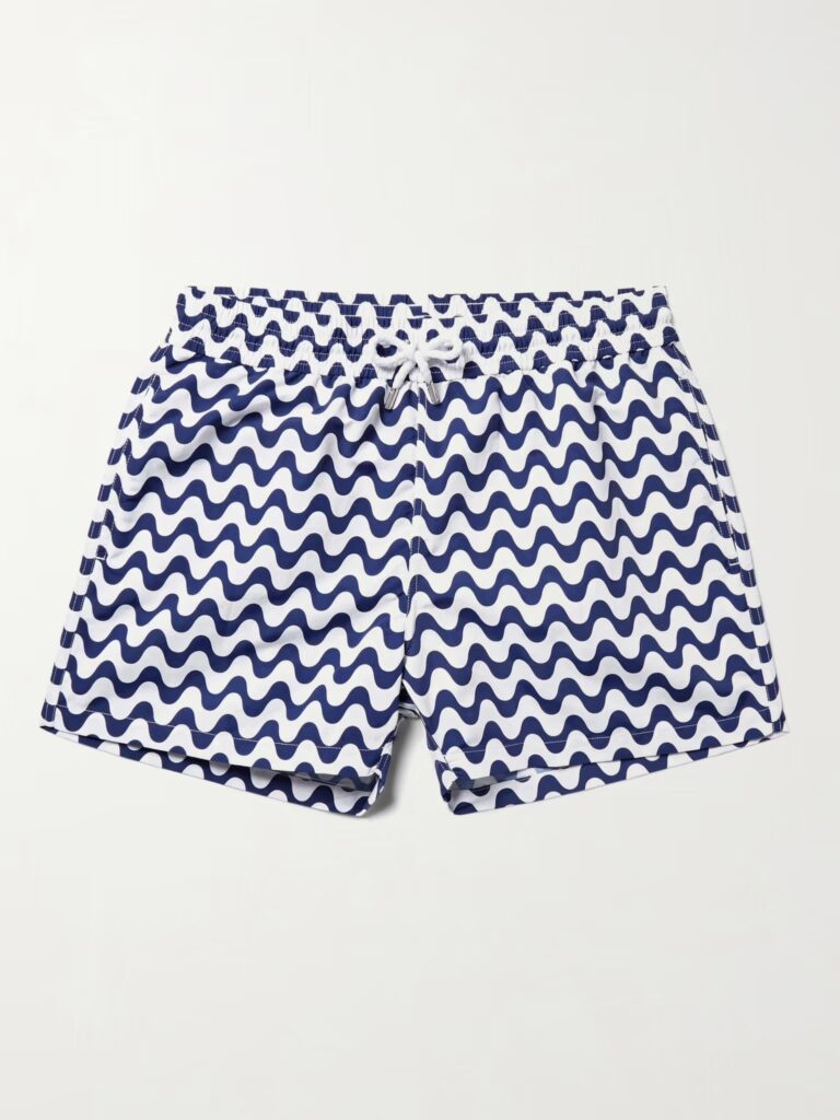 a pair of blue and white swim trunks