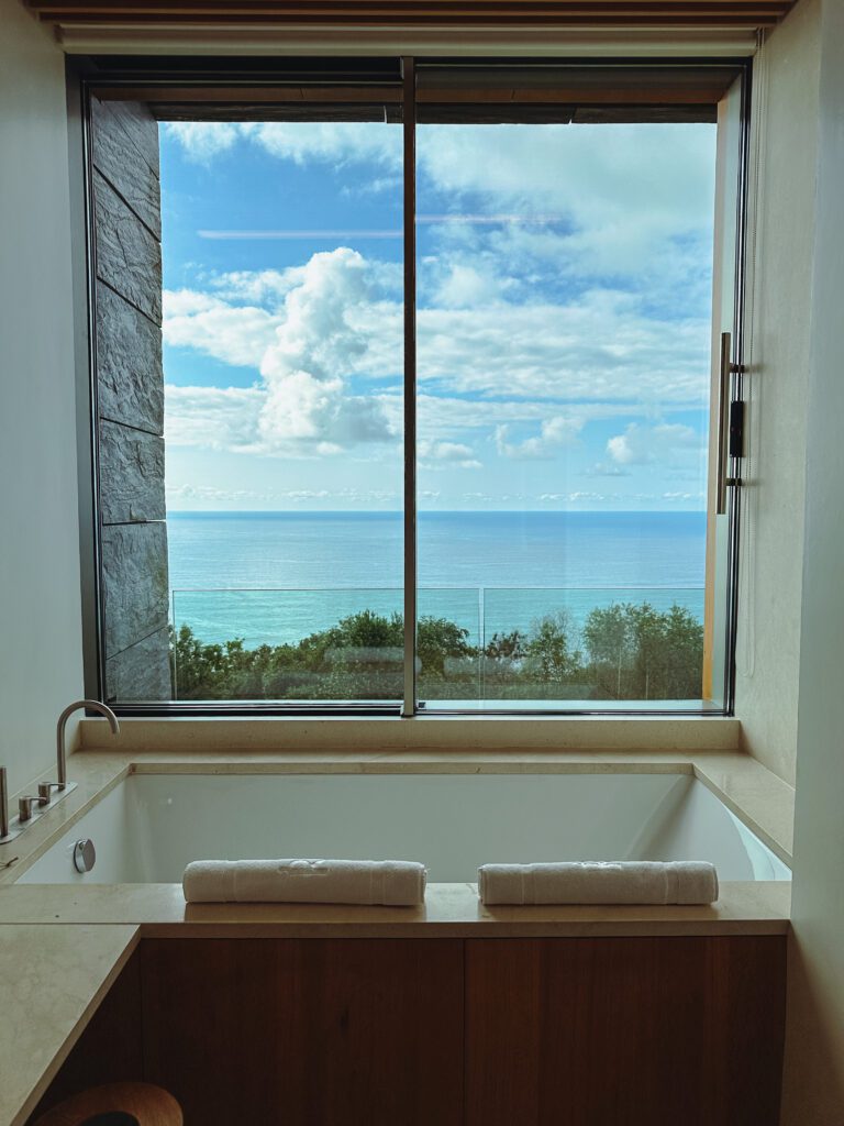a bathtub with a view of the ocean
